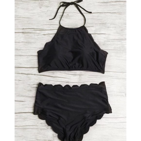 Scalloped Trim Halter High Waist Bikini Set - Picture 2 of 8